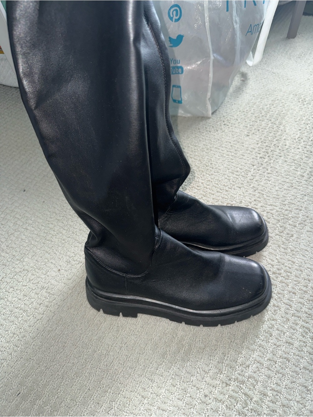 Steve Madden Black Womens Leather Knee-High Lug Boots